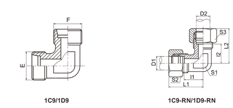 Hydraulic DIN Fittings 1C9/1D9 90° ELBOW FITTINGS dimensional drawing
